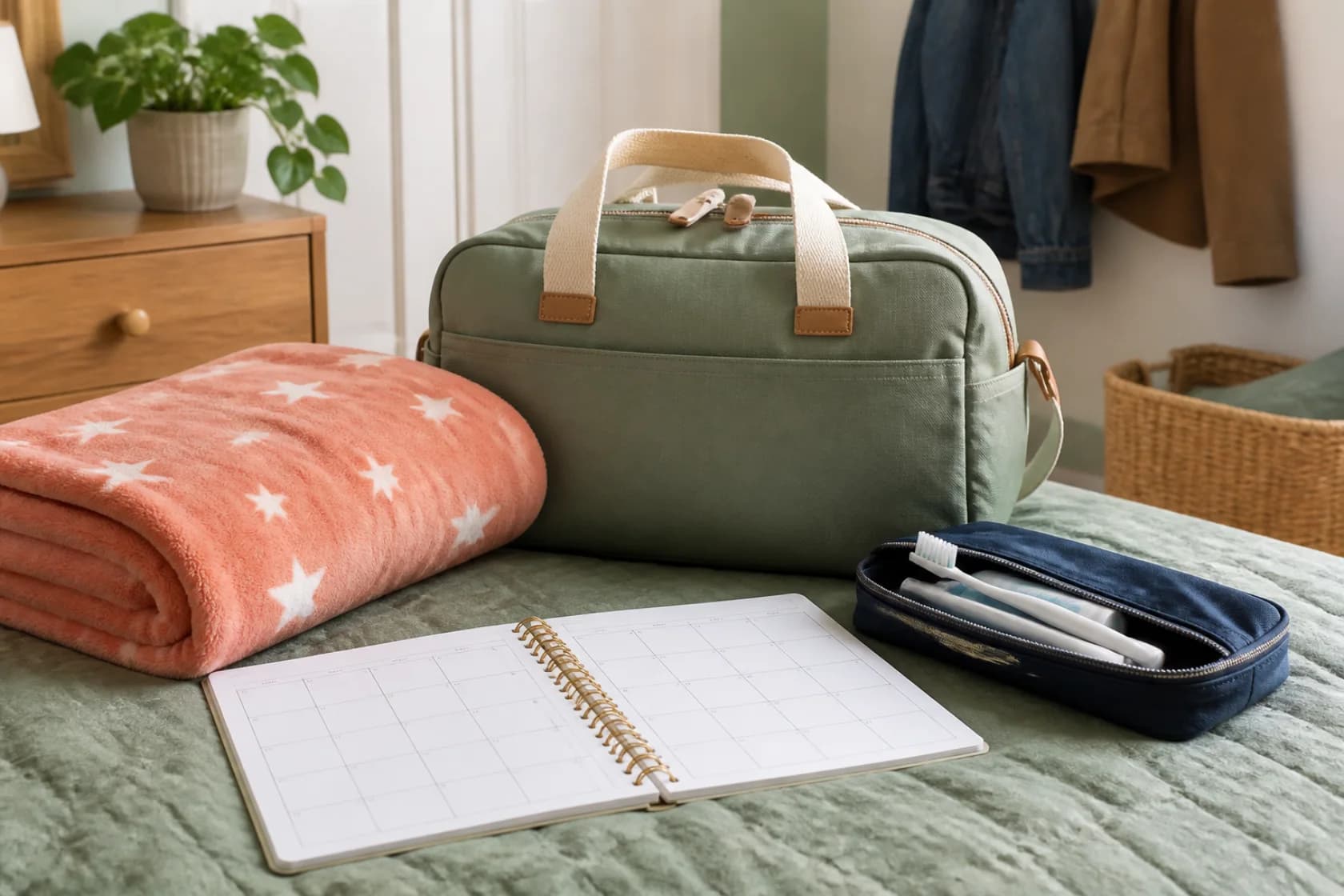 Packad övernattningsväska, filt, tandborste och kalender inför planerad avlastning