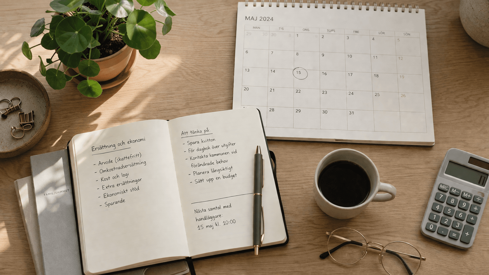 Anteckningsbok om familjehemsersättning med kalender och kalkylator
