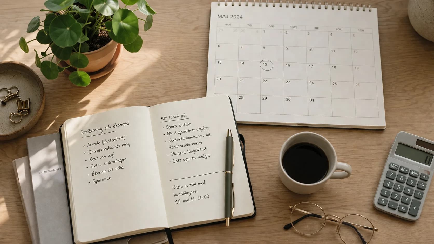 Anteckningsbok om familjehemsersättning med kalender och kalkylator