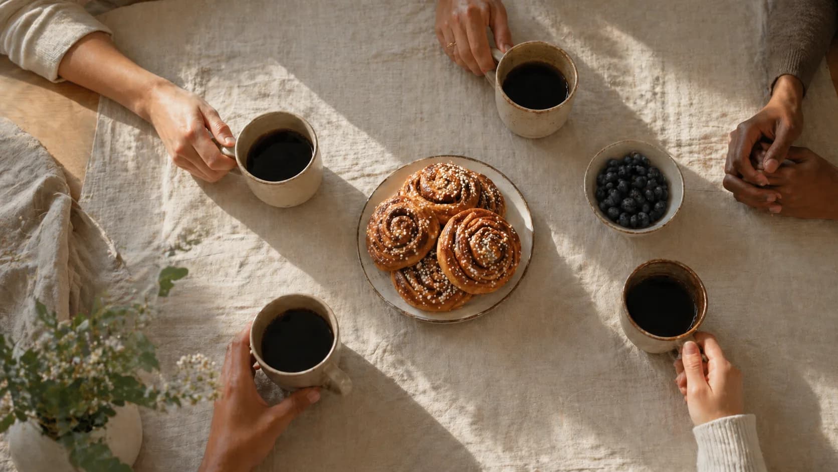 Fika tillsammans, kanelbullar och kaffekoppar
