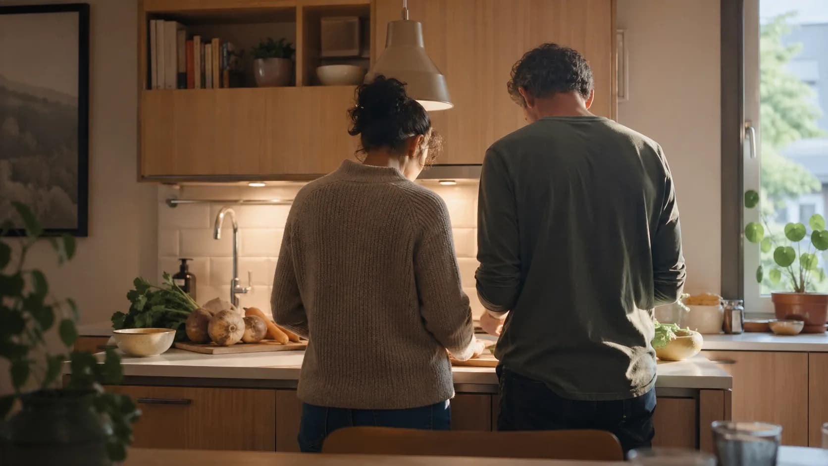Par i fyrtioårsåldern lagar middag tillsammans i svenskt kök